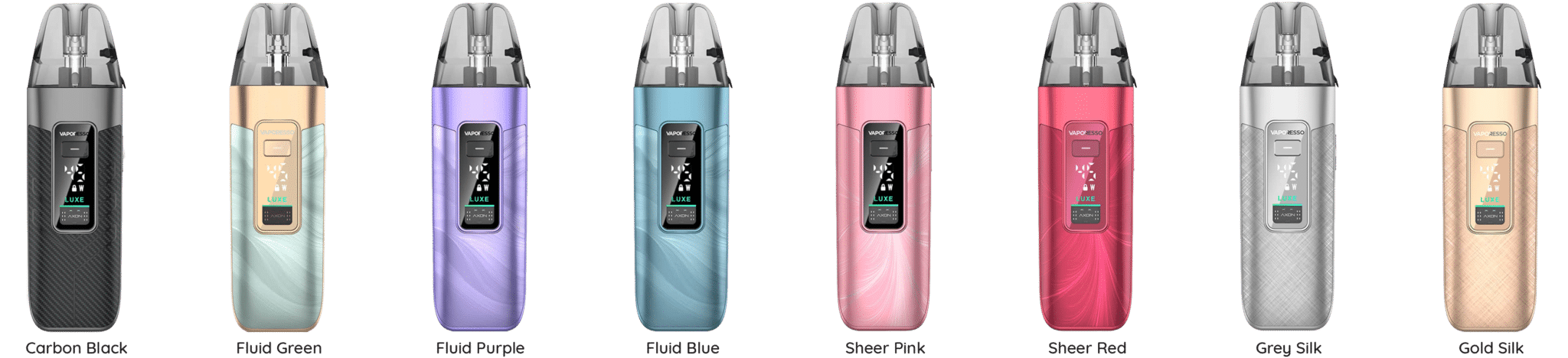 Pod Luxe X3 Vaporesso 2600mAh, 45W, airflow réglable 6 Finitions et couleurs disponibles du Kit Vaporesso Luxe X3 (Carbon Black, Fluid Blue, Fluid Purple, Fluid Green, Grey Silk, Sheer Pink, Sheer Red, Gold Silk)