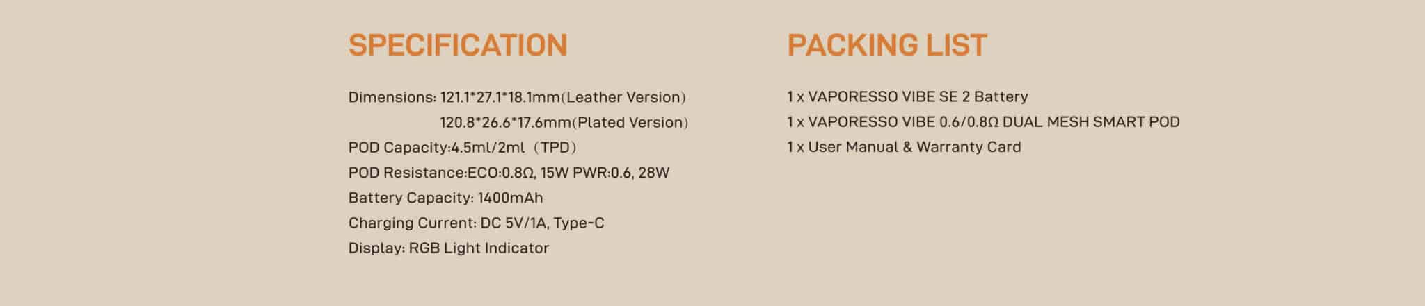 Kit Vibe SE 2 Vaporesso 4 Caractéristiques techniques et contenu du pack Vaporesso Vibe SE 2 (TPD)