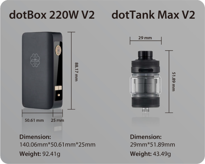 Kit DotBox 220W V2 Dotmod Box Double Accu 18650 220W + DotTank 4ml DL 1 Dimension Dotbox 220V